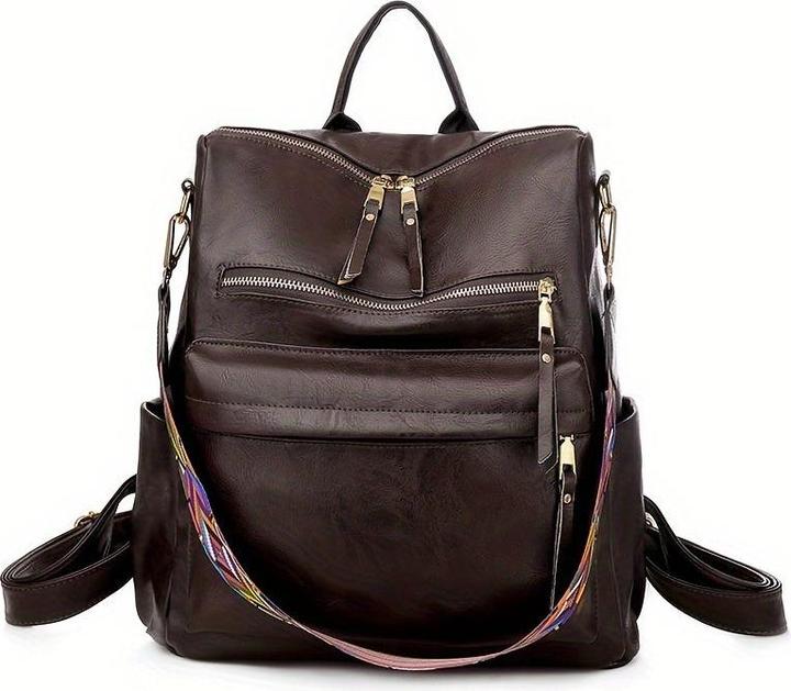 Actual product image Only-Bags.Store Retro Backpack Handbag, Boho Strap Two-Way Shoulder Bag, Fashion Vegan Leather Schoolbag Daypack