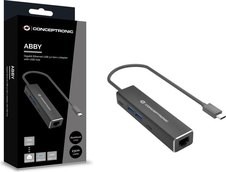 Produktbild Conceptronic Adapter USB-C -> RJ45 Gigabit,3xUSB3.0 0.15m sw (USB-C, 1 Ports)