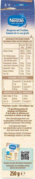 Valeurs nutritives et ingrédients Nestlé Semoule de riz Pyjama avec fruits 6 mois (288 g)