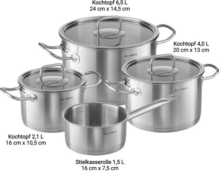 Produktbild KLAMER Topf-Set 4-tlig. mit Glasdeckel, Induktion, unbeschichtetes Edelstahl Profi-Kochtopfset (23.15 cm, Kochtopf, Edelstahl)