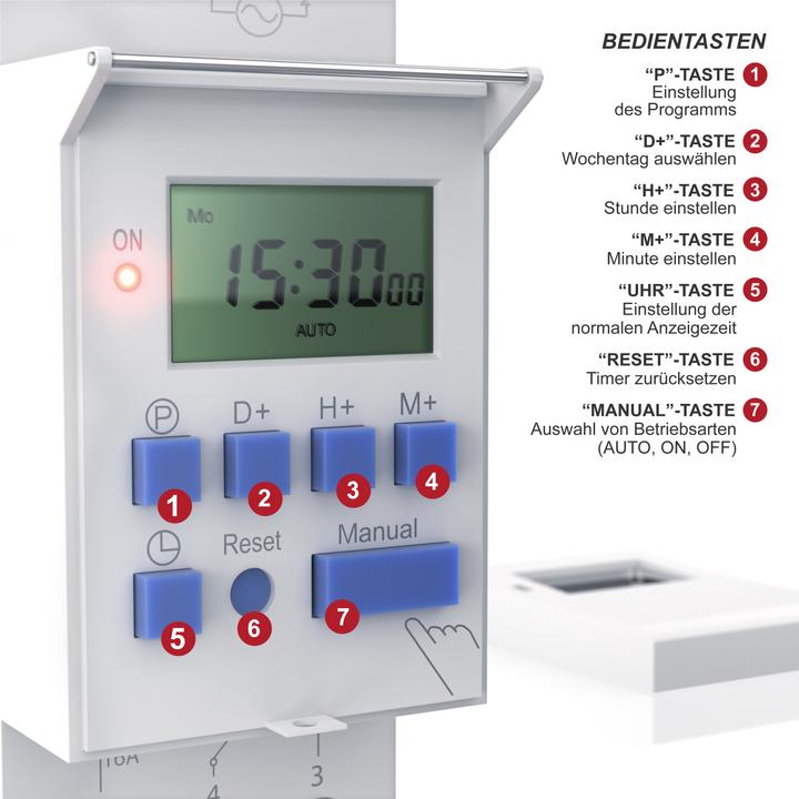 Produktbild Bearware Zeitschaltuhr digital für DIN Hutschienen im Verteilerschrank / Schalttafeln, LCD Display, 16A/3650W