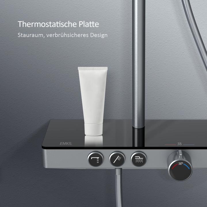 Produktbild Emke Duschsystem mit Thermostat, Handbrause + Regendusche(3 Strahlstärken) + Unterer Auslass