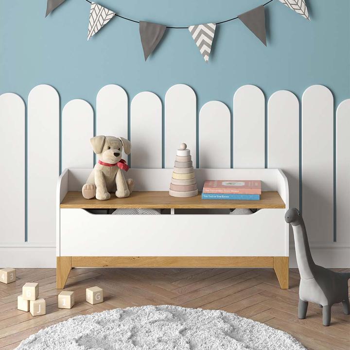 Immagine prodotto VitaliSpa Spielzeugtruhe Malia, Weiss/Eiche, 107.2 x 50 cm mit Sitzbank