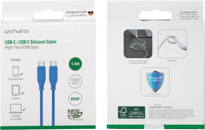 Actual product image 4smarts USB-C / USB-C Silicone Cable High Flex 60W 1.5m blue (1.50 m, USB 2.0)