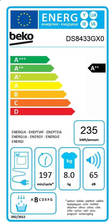 Etichetta energetica Beko Asciugatrice a condensazione con pompa di calore DS8433GX0 (8 kg, A destra)