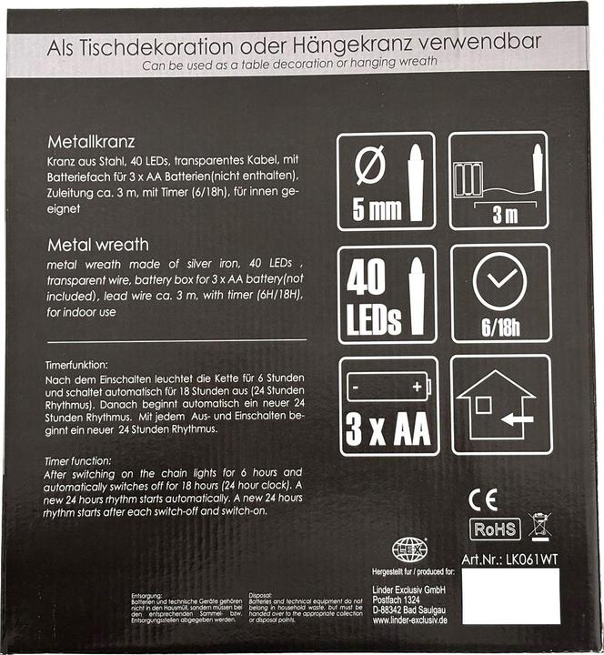 Produktbild Inda-Exclusiv 40 LED Hängekranz / Tischkranz Metall Ø30cm warmweiss
