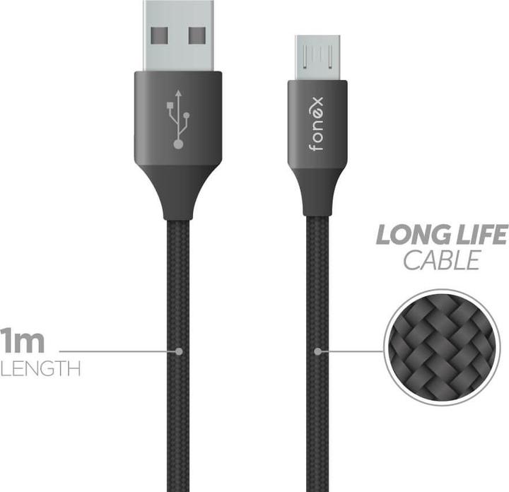 Fongex Câble de charge et de données 12W Micro USB 1 m noir (1 m)