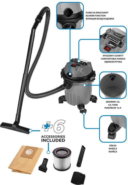 Productafbeelding Graphite Werkplaats stofzuiger Energy+ 18V Li-lon, nat en droog, 12L tank (Nat-droog stofzuiger)
