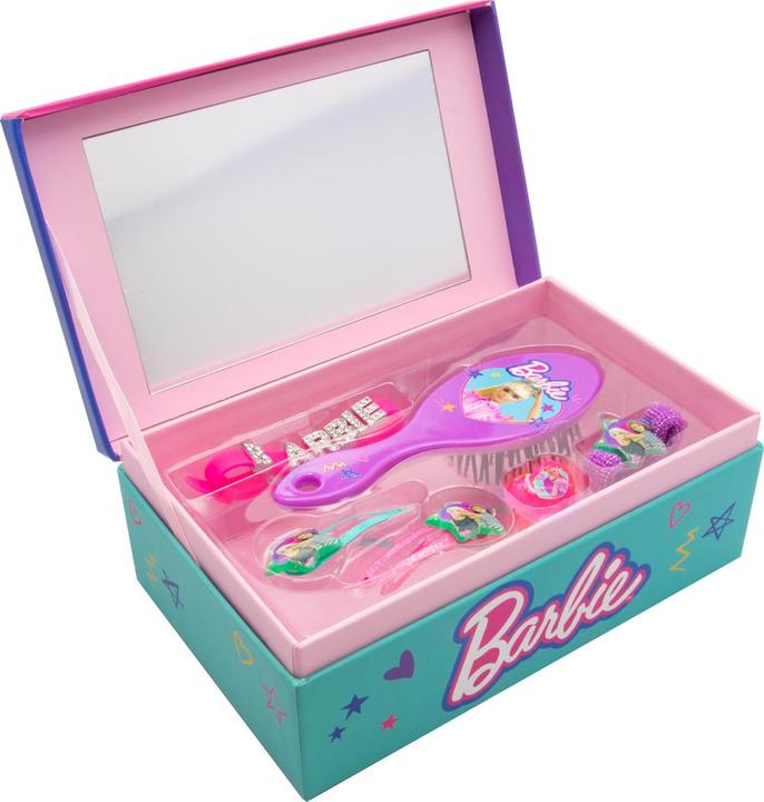 Barbie Schmuckschatulle mit 6 Accessoires: Bürste, 2 Haarspangen, Ring, Armband, Haarband