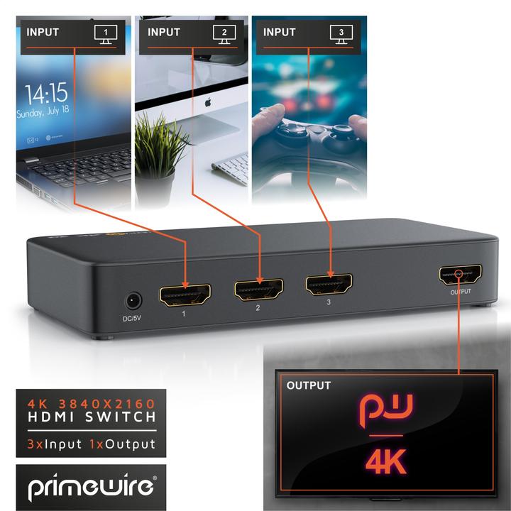 Actual product image Primewire 4k HDMI Switch 3 Port with Remote Control / 3D + CEC / 2160p 30Hz
