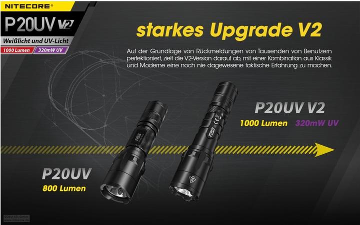 Image du produit Nitecore P20UV V2 - 1000 lumens + lumière UV (15.10 cm, 1000 lm)