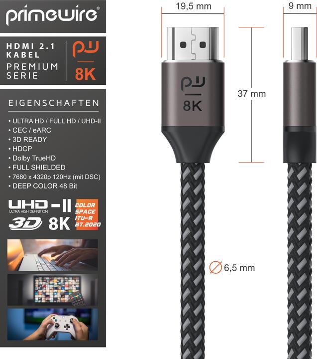 Actual product image Primewire HDMI Cable 2.1, Type A, UHD 8k 7680 x 4320 @ 120 Hz, 4k @ 240 Hz, DSC, Ethernet, HDR eARC VRR ALLM (2 m, HDMI)