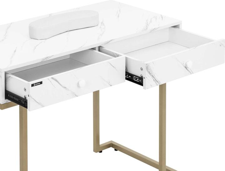Image du produit Physa Table de manucure - Cadre en fer - Marbré / Doré - 2 tiroirs - Tablette pour les mains