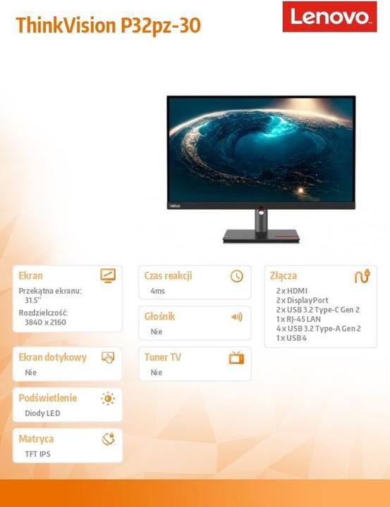 Actual product image Lenovo ThinkVision P32pz-30 (3840 x 2160 Pixels, 31.50")