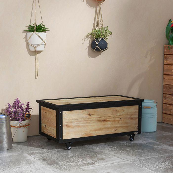 Produktbild Swisshandel24 Gartenbox Holz Auflagenbox 121L Aufbewahrungsbox mit Rollen, Wetterbeständige Aufbewahrungskiste für
