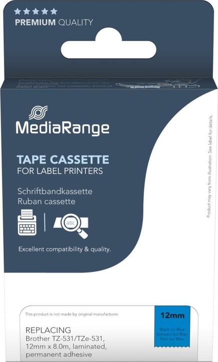 Actual product image MediaRange Writing Tape Cassette 12mm black/blue Brother TZ-531/TZe-531 8m (1.20 cm, Blue)