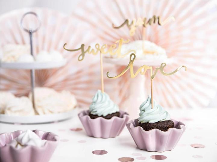 Immagine prodotto Partydeco Set di cake topper amore, dolce, yum 13 cm, 6 pezzi, oro