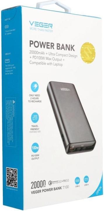 Actual product image Veger TC100 VG-W2032C-100 20000mAh powerbank 130W (20000 mAh, 100 W, 74 Wh)