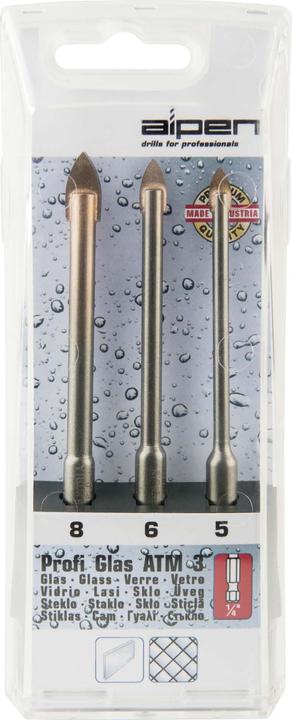 Image du produit Alpen Set de 3 pièces. Foret à verre avec ATM-3 Plaque widia professionnelle en verre (6 mm, 5 mm, 8 mm)