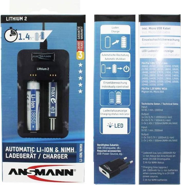 Produktbild Ansmann Ladegerät Lithium 2 für 1-2 Li-Ion Akku 3,6V, 3,7V mit LED-Ladestatusanzeigen, schwarz (1 Stk., Ladegerät ohne Akku)