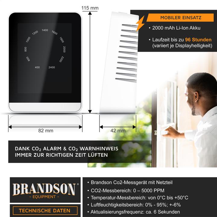 Produktbild Brandson CO2 Messgerät, Luftqualität Melder, Kohlendioxidmessung, Luftqualität Sensor, Raumluft-Qualität