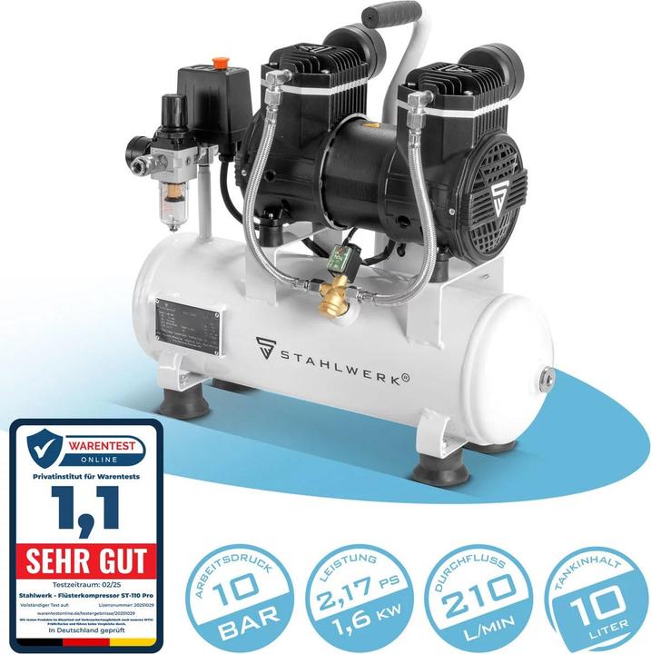 Stahlwerk Kompressor 10 bar 2,1 PS 1,6 kW 210 l/min 10 l Druckluftkompressor (10 Bar, 10 l)