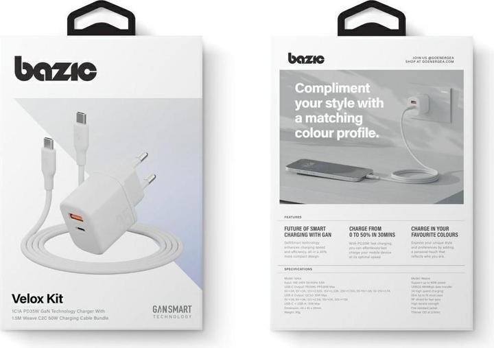 Actual product image Energea Wall Charger Bazic Goport Velox Kit 1xUSB-C 1xUSB-A GaN 35W with cable white (35 W)