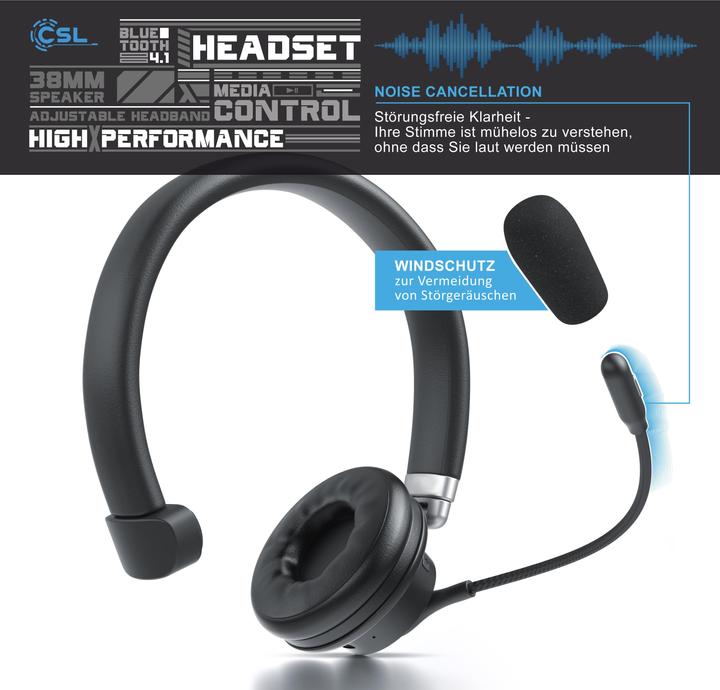 Produktbild CSL Wireless Headset, Bluetooth Kopfhörer mit flexiblem hochklappbarem Mikrofon, kabellos, leicht (Kabellos, USB-A)