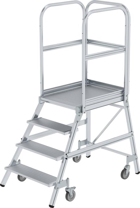 Image du produit Munk Escalier à palier accessible d'un côté avec roulettes à ressort Aluminium strié 4 marches (Échelle à plate-forme, 141 cm)