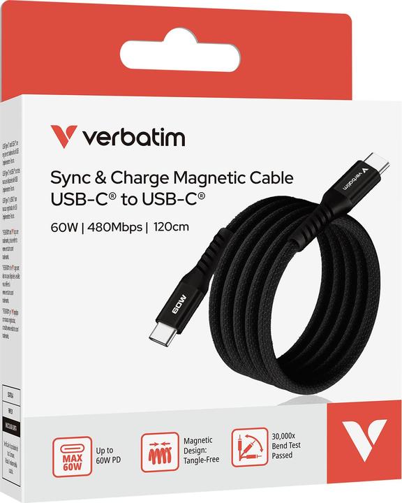 Actual product image Verbatim Sync & Charge Magnetic Cable - 60W USB-C to USB-C 120 cm Black (1.20 m, USB 2.0)