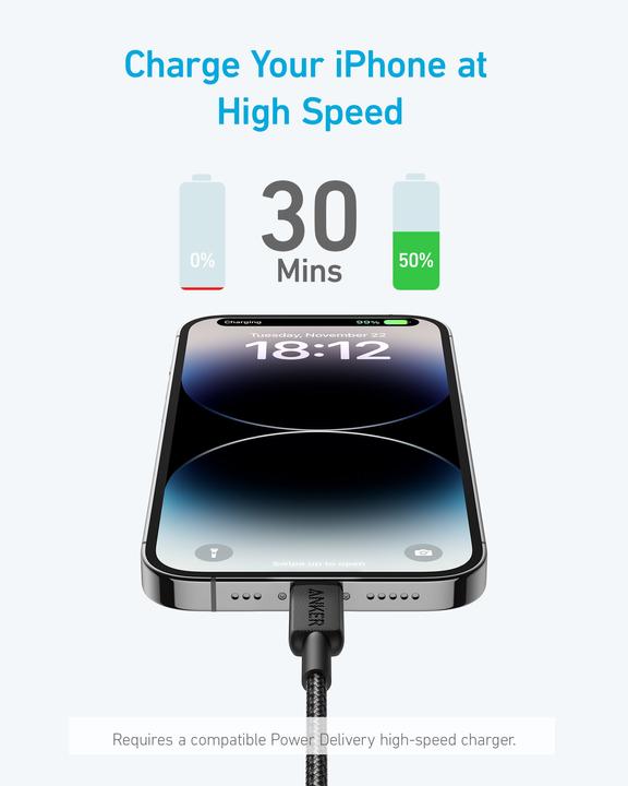 Actual product image Anker CABLE 322 USB-C A LIGTHNING 1,M NEGRO (1.80 m, USB 3.1)