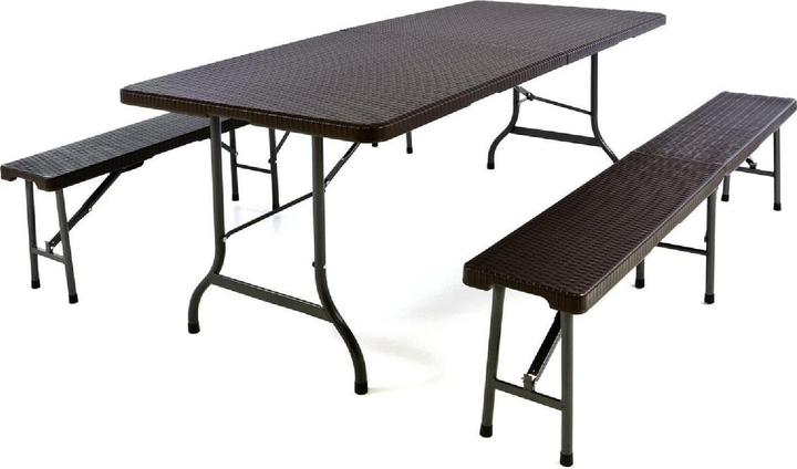 Actual product image VCM Gartengarnitur 1 Tisch 2 Bänke klappbar Rattanoptik Bierzeltgarnitur 180cm braun (25 cm)