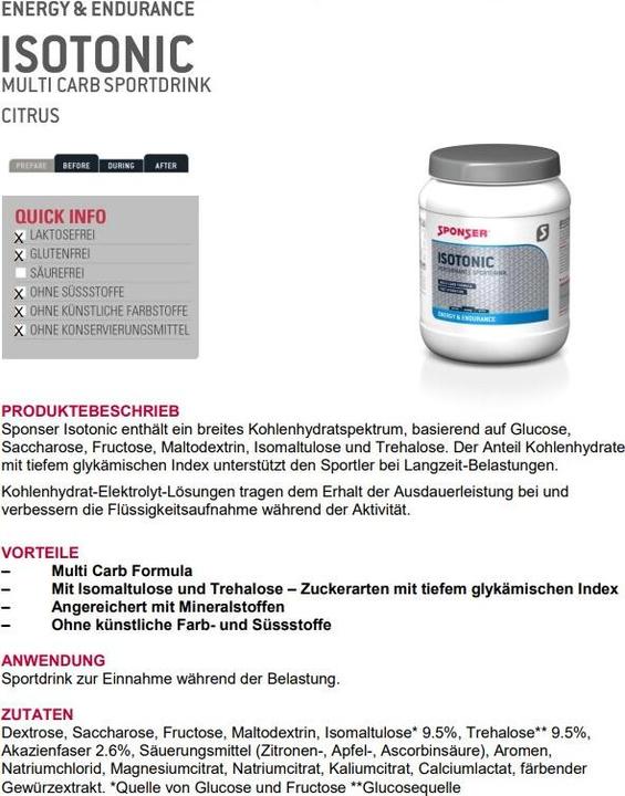 Nutritional values and ingredients Sponser Isotonic (Multifruit, 1 pcs., 1103 g)