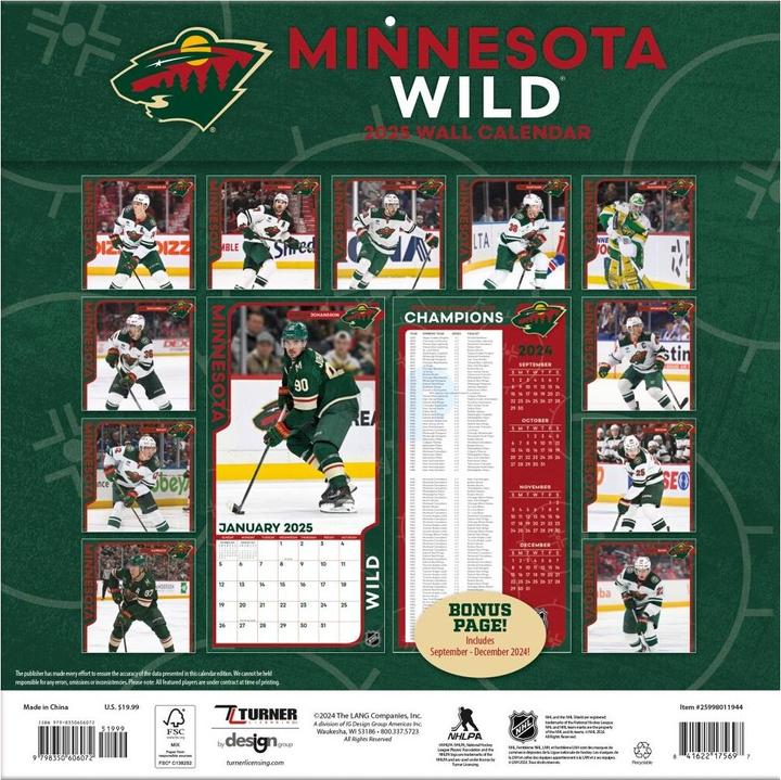 Actual product image NHL - Minnesota Wild - 30.5 x 30.5 cm team wall calendar 2025 (30.5 x 30.5 cm, French, Italian, Spanish, German, English)