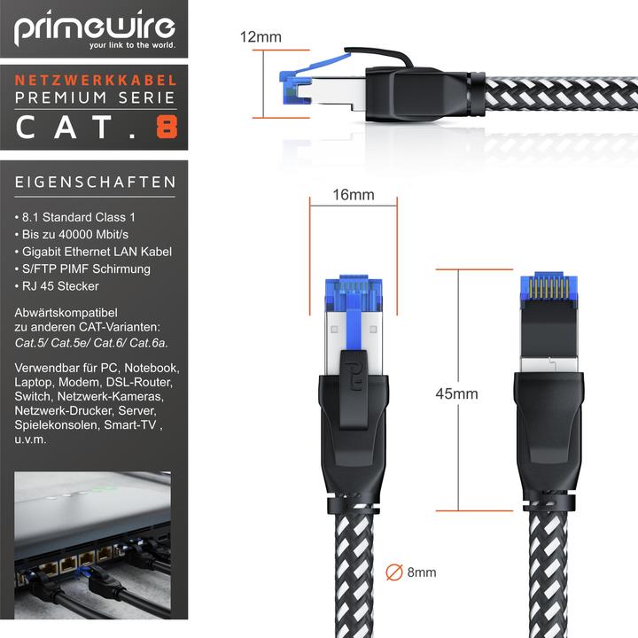 Produktbild Primewire CAT 8 Netzwerkkabel 40 Gbits - Baumwollmantel - LAN Kabel Patchkabel RJ45 - S/FTP PIMF Schirmung (S/FTP, CAT8.1, 5 m)