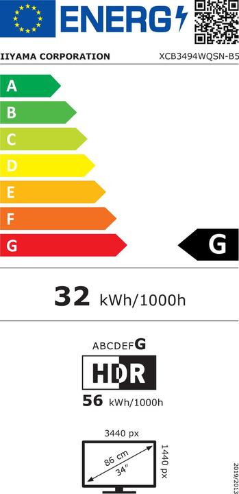 Energielabel iiyama ProLite XCB3494WQSN-B5 (3440 x 1440 pixels, 34")