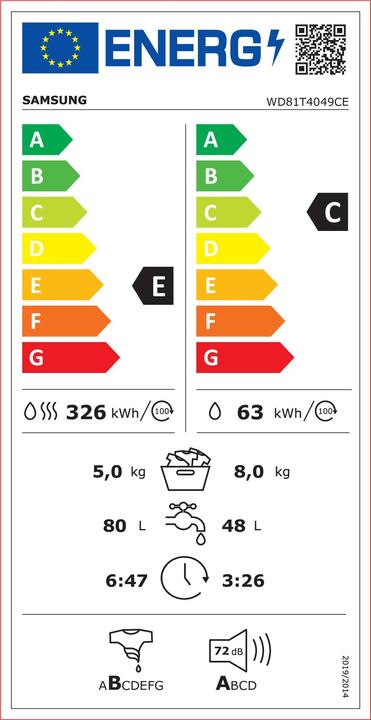 Label énergétique Samsung WD81T4049CE/EG Lave-linge séchant pose libre chargement frontal, E