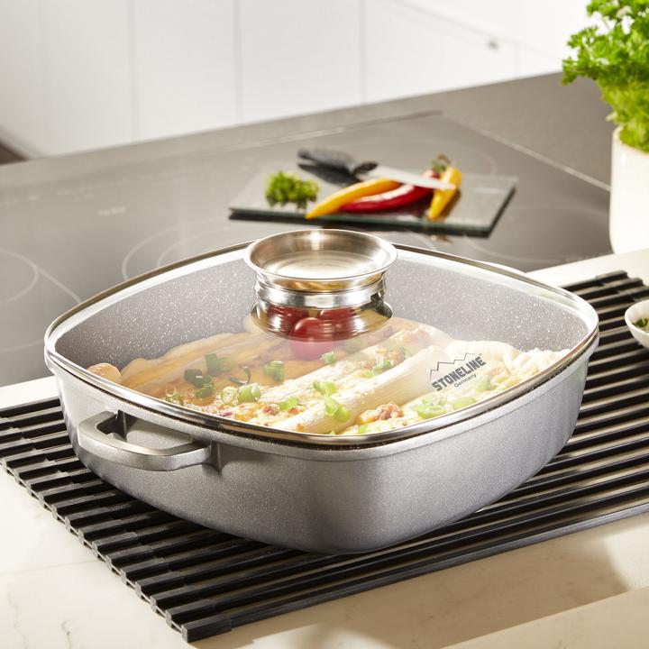 Produktbild Stoneline Eckpfanne 28x28 cm mit Aroma Glasdeckel, Pfanne rechteckig, Backofen, Induktion geeignet (Pfannenset + Topfset, Aluminium)