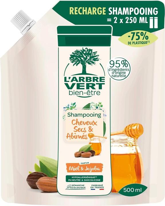 Immagine prodotto L'arbre vert Bustina di ricarica di shampoo biologico per capelli secchi e danneggiati (500 ml, Shampoo liquido)