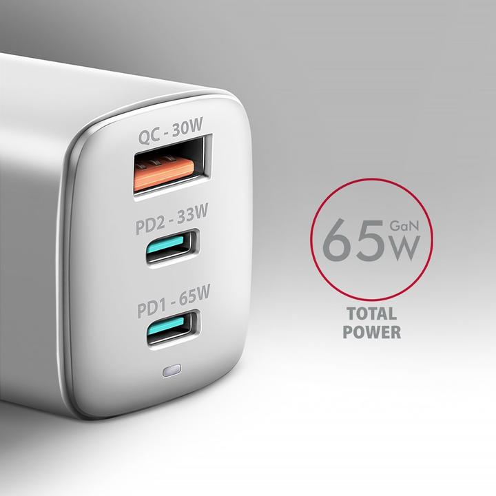 Produktbild Axagon ACU-DPQ65W, GaN nabíječka do sítě, 3x port (USB-A + dual USB-C), PD3.0/QC4+/PPS/Apple (65 W)