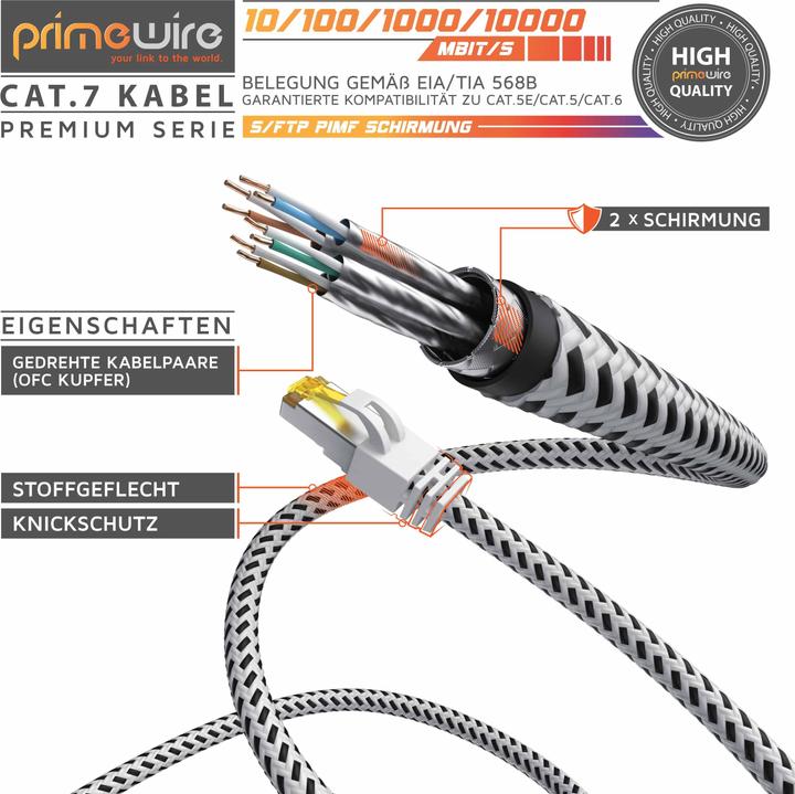 Produktbild Primewire CAT.7 Netzwerkkabel Baumwollmantel, Gigabit Ethernet CAT 7 LAN Kabel, 10000 Mbit/s Patchkabel (S/FTP, CAT7, 7.50 m)