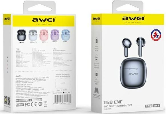 Immagine prodotto Awei słuchawki Bluetooth 5.3 T68 ENC TWS + stacja dokująca czarny/nero (Senza fili)