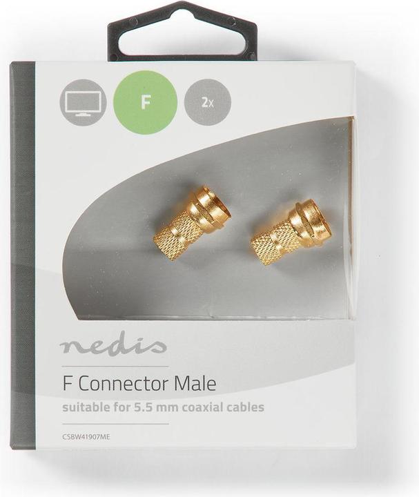Actual product image Nedis F-plug straight plug Gold-plated 75 Ohm Twist-on Cable entry diameter: 5.5 mm Copper Met (Antenna cable)