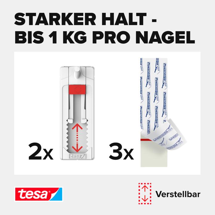 Produktbild tesa Klebenagel für Tapete & Putz, 1kg Halteleistung, höhenverstellbar, spurlos ablösbar
