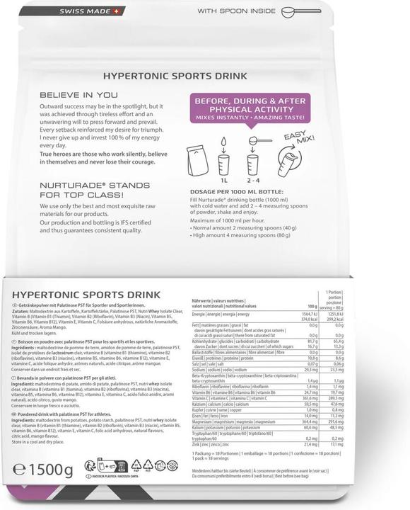 Valeurs nutritives et ingrédients Nurturade Focus MANGO Hypotonic Sports Drink en poudre (Mangue, 1 x)