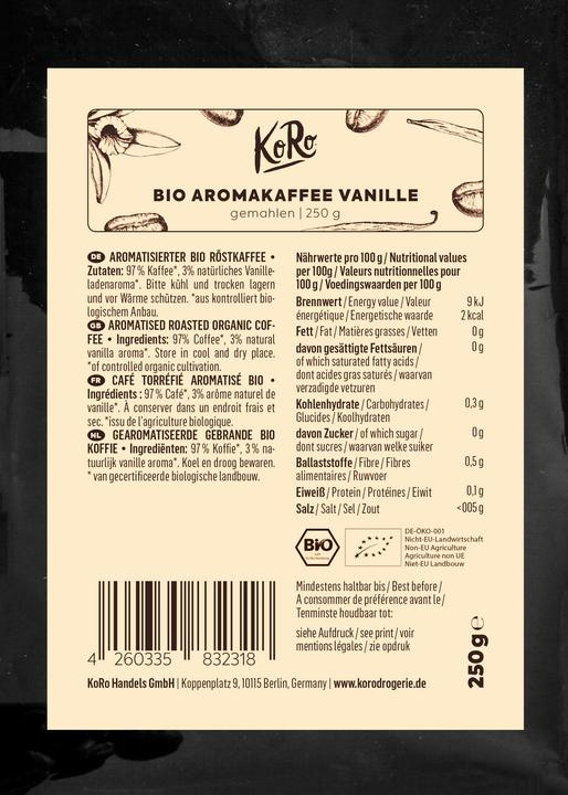 Valeurs nutritives et ingrédients KoRo Café biologique torréfié, moulu, à l'arôme de vanille (250 g)