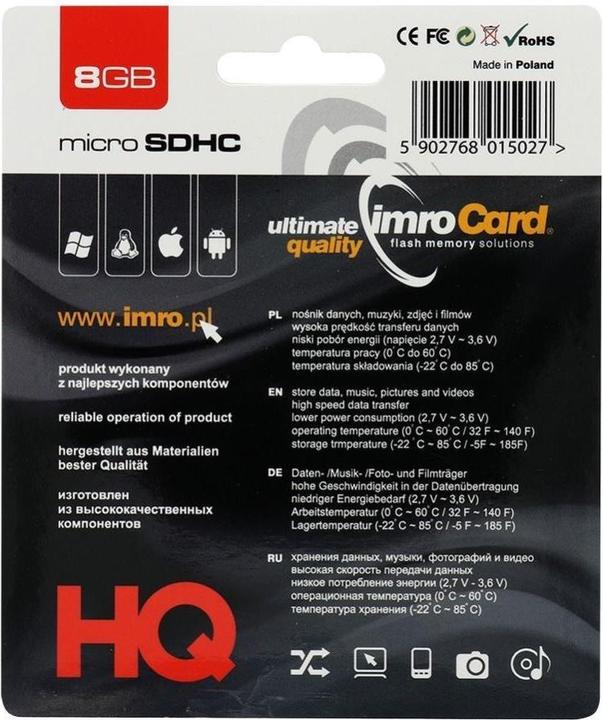 Actual product image IMRO MicroSDHC/8G 8 GB UHS-I Class 10 (8 GB, microSDHC, U1, UHS-I)