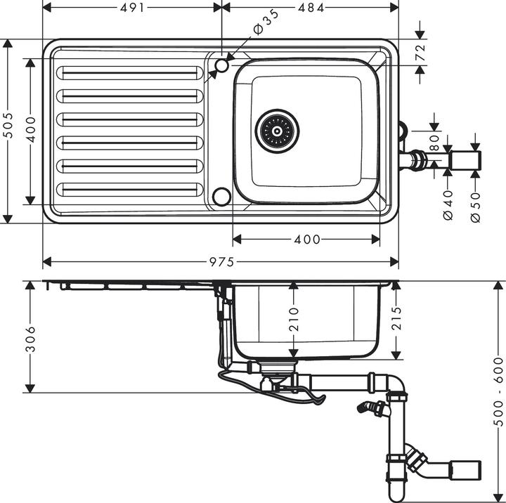 Produktbild hansgrohe HG Einbauspüle 400/400 m Abtr. links S4113-F400 edelstahl (Aufsatzspülbecken, 50.50 cm, 97.50 cm)