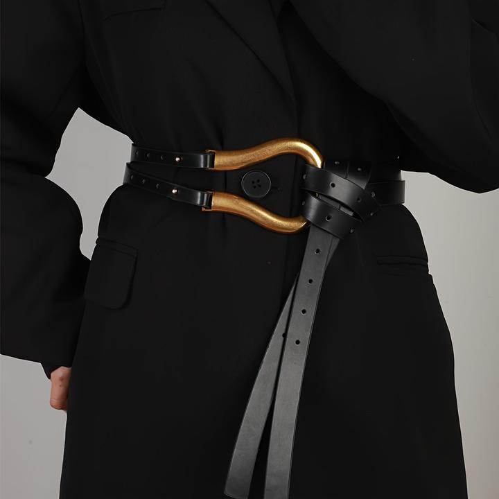Produktbild Only-Bags.Store Trendy Hufeisen Schnalle Punk Gürtel Schwarz PU Leder Taillenband Verstellbar Mantel Kleid Gürtel