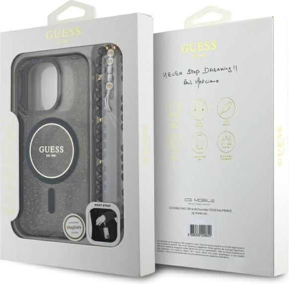 Actual product image Guess GUHMP16XHGCRELSK iPhone 16 Pro Max 6.9" czarny/czarny hardcase IML Glitter With Pearl Strap M